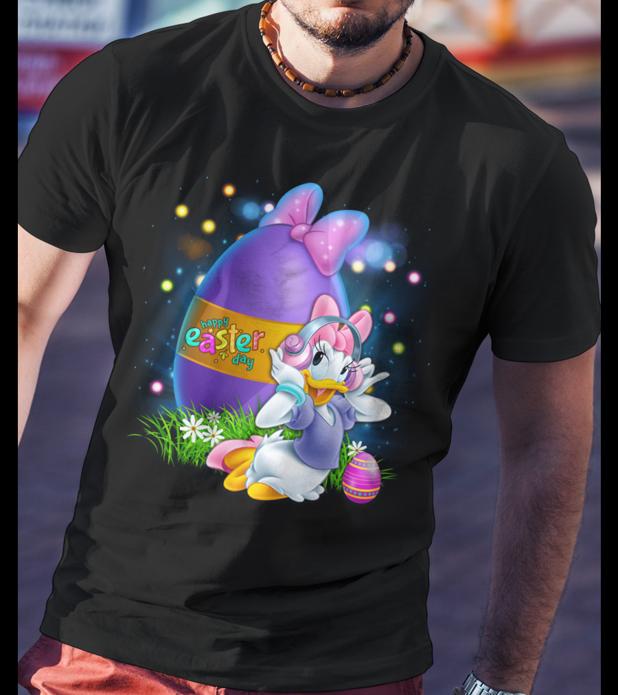 Daisy Duck Happy Easter Day Pink Bow Large Egg And Flowers T-Shirt