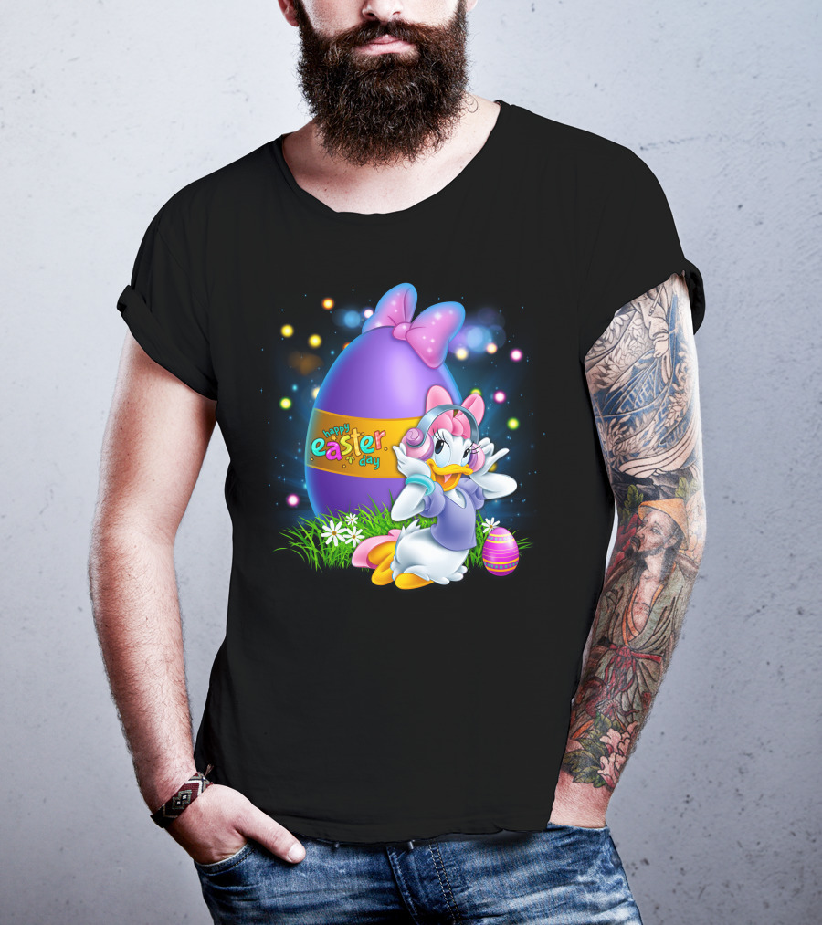 Daisy Duck Happy Easter Day Pink Bow Large Egg And Flowers T-Shirt