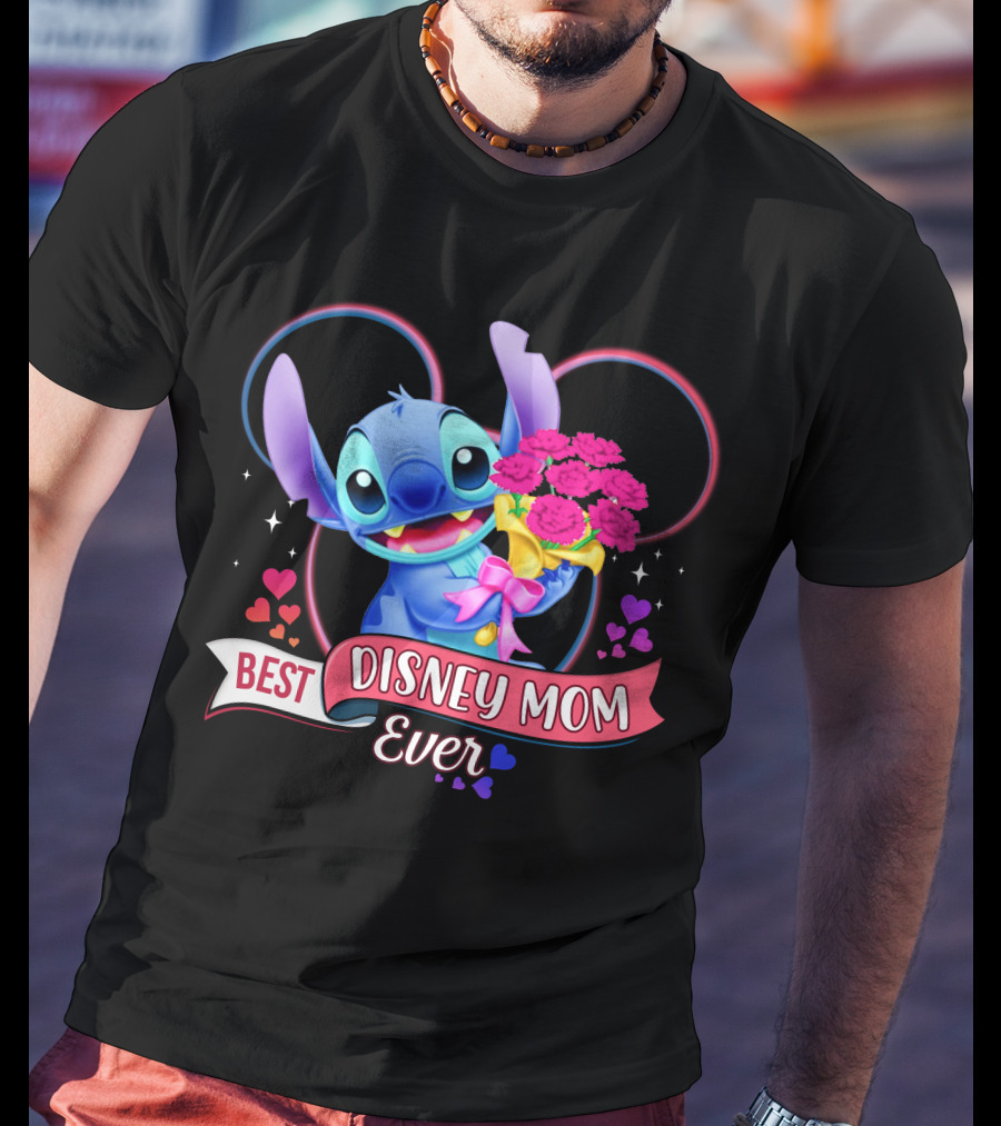 Best Disney Mom Ever Stitch With Flowers And Hearts T-Shirt