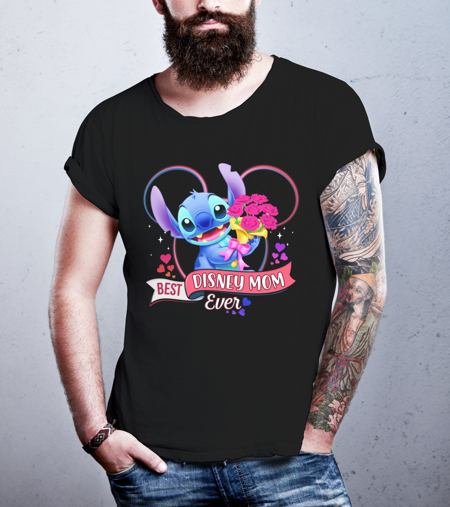 Best Disney Mom Ever Stitch With Flowers And Hearts T-Shirt