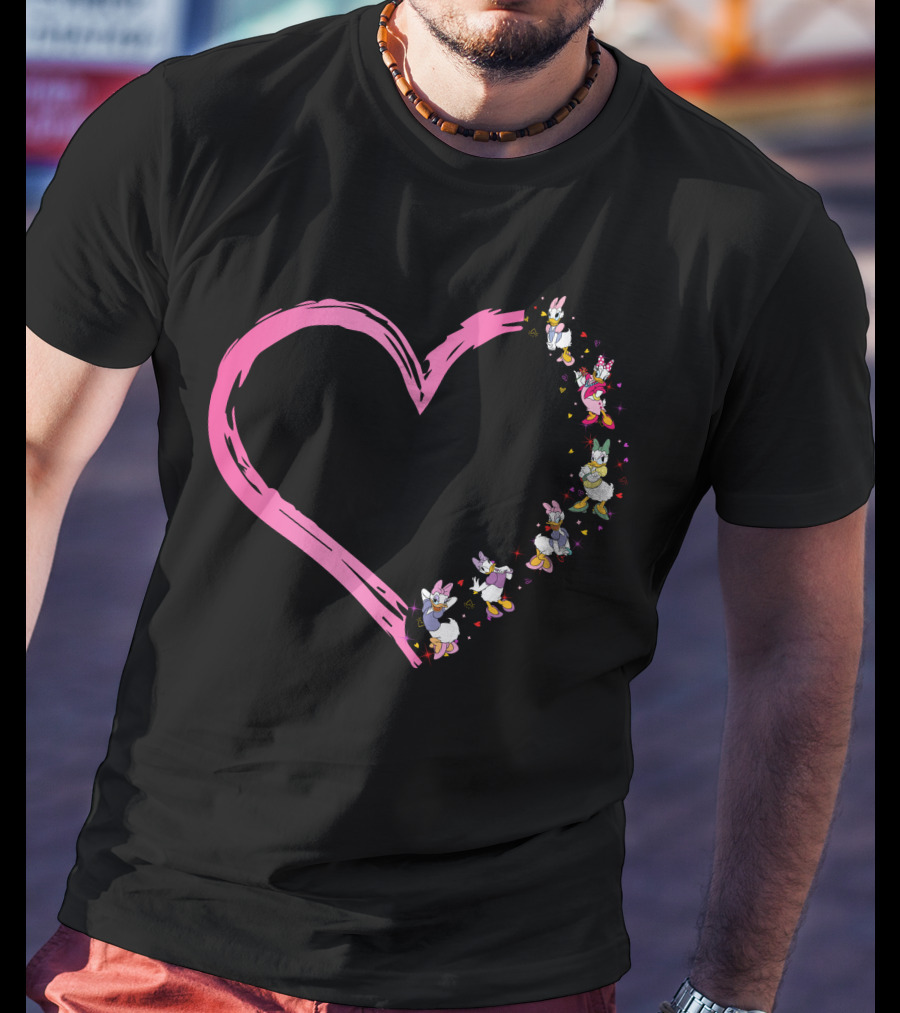 Daisy Duck Heart Shape With Pink Outline And Floral Elements T-Shirt