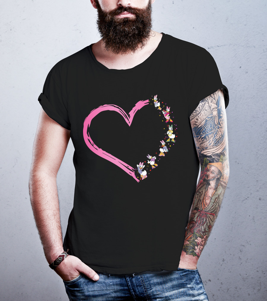 Daisy Duck Heart Shape With Pink Outline And Floral Elements T-Shirt