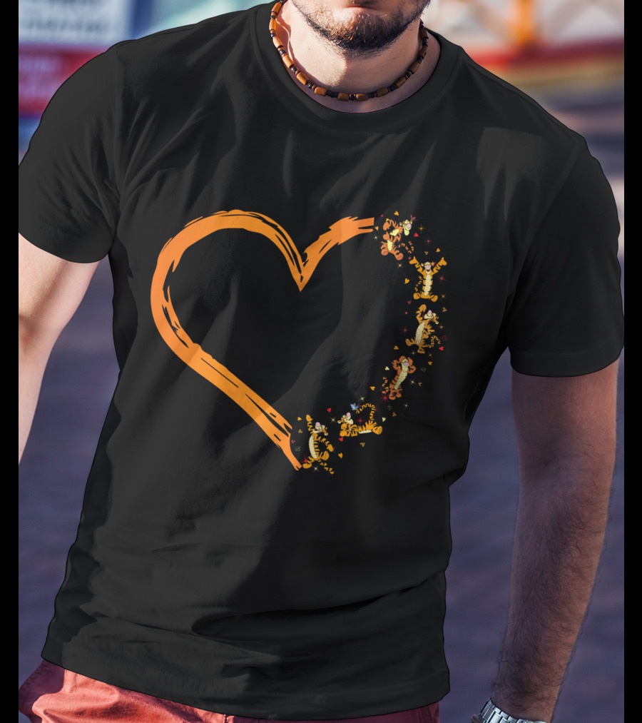 Tigger Heart Orange Brushstroke With Dancing Tiggers And Stars T-Shirt