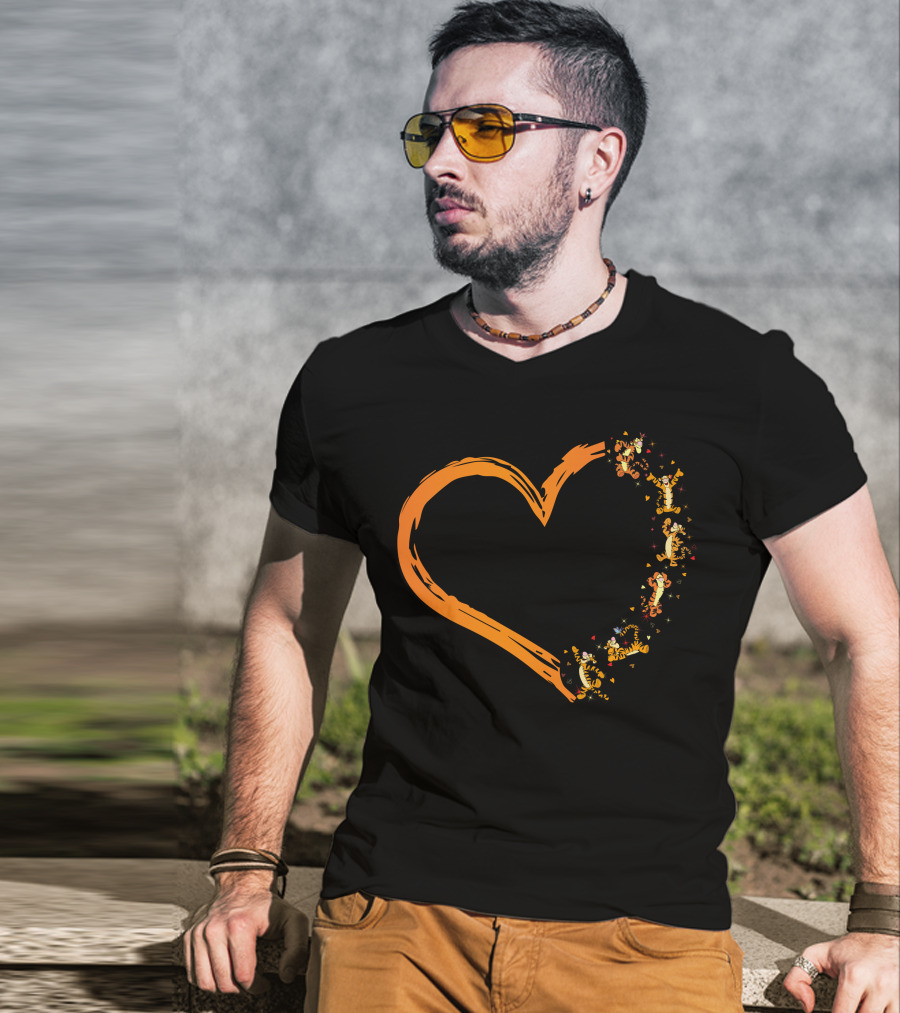 Tigger Heart Orange Brushstroke With Dancing Tiggers And Stars T-Shirt