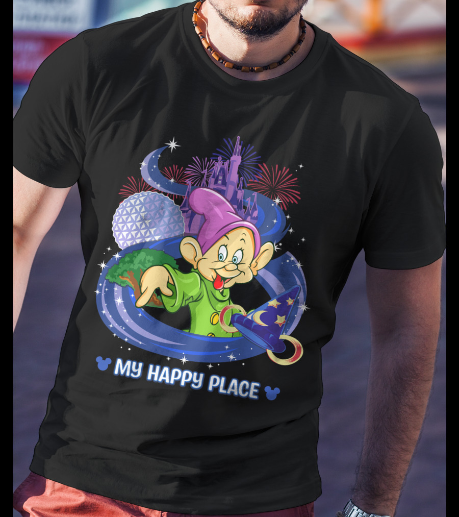 Dopey My Happy Place Epcot Castle Fireworks Sorcerer Hat T-Shirt