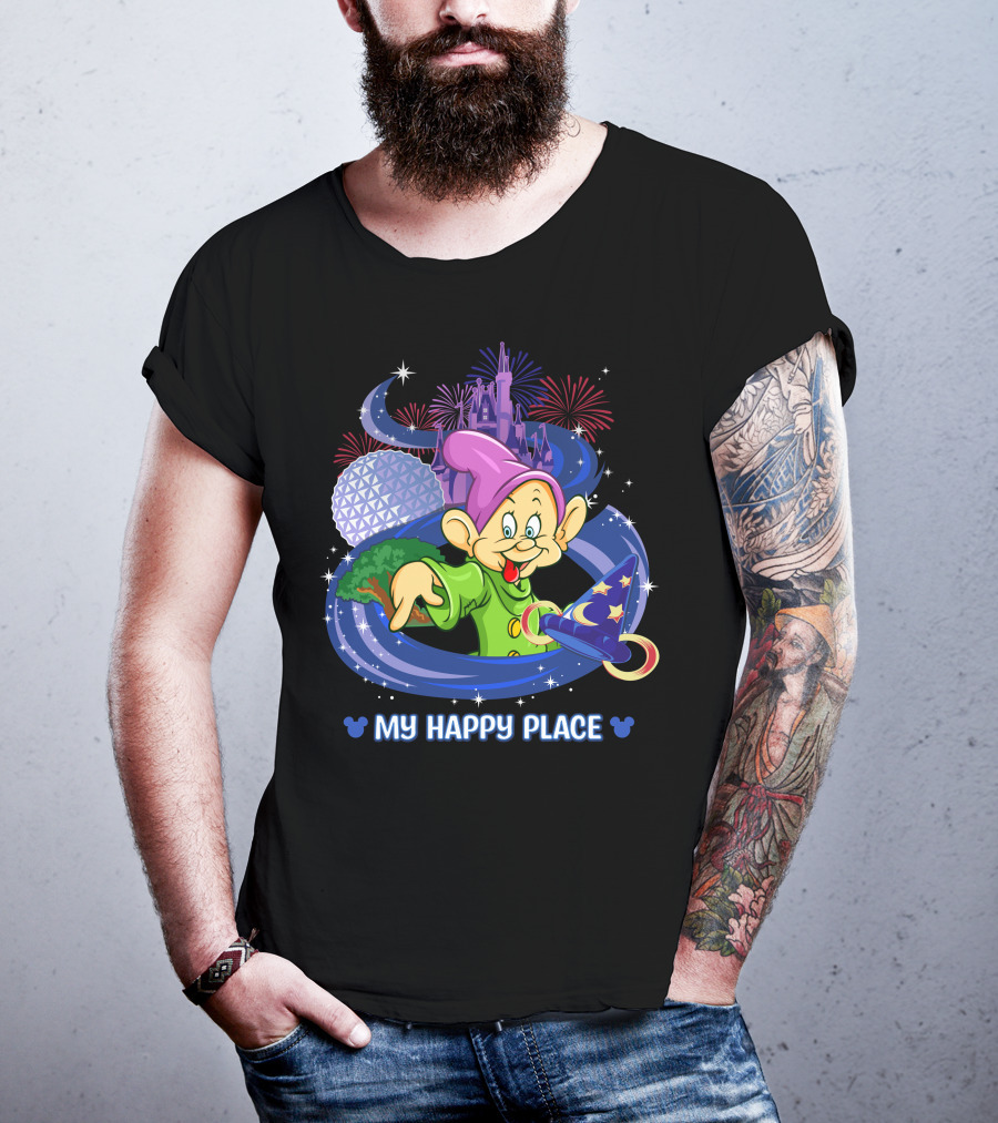Dopey My Happy Place Epcot Castle Fireworks Sorcerer Hat T-Shirt