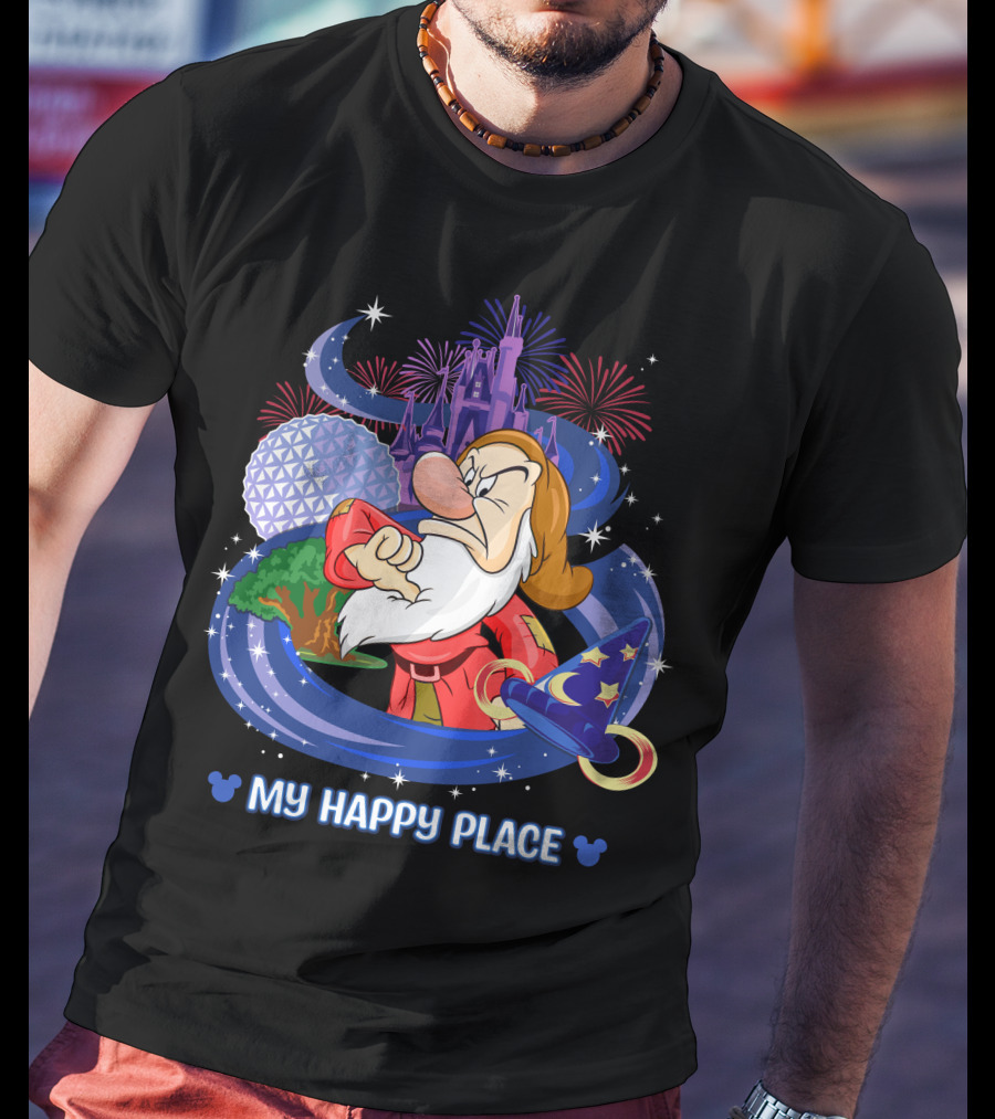 Grumpy My Happy Place Disney Castle Fireworks Epcot Sorcerer Hat T-Shirt