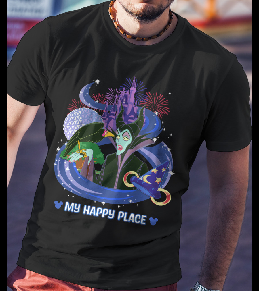 Maleficent My Happy Place Disney Castle Fireworks Mickey Sorcerer Hat T-Shirt