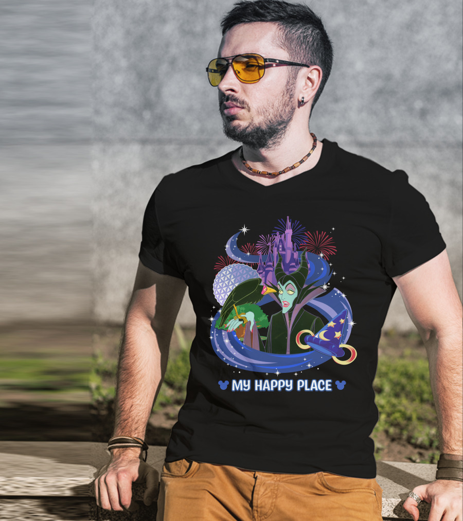 Maleficent My Happy Place Disney Castle Fireworks Mickey Sorcerer Hat T-Shirt