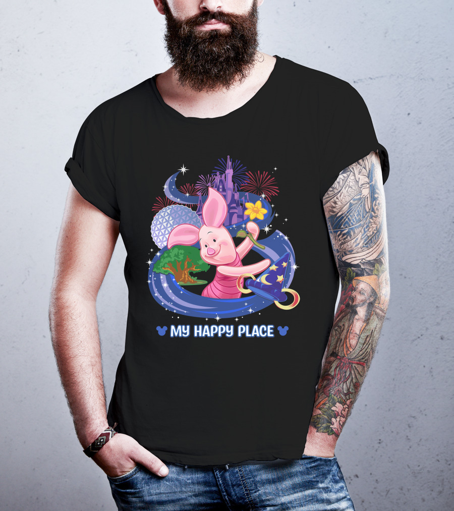My Happy Place Piglet With Castle Fireworks And Magic Hat T-Shirt