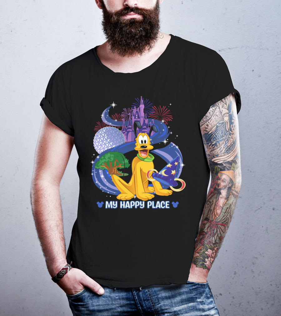 Disney Pluto My Happy Place Disney Castle Fireworks Epcot Disney Mickey Sorcerer Hat T-Shirt