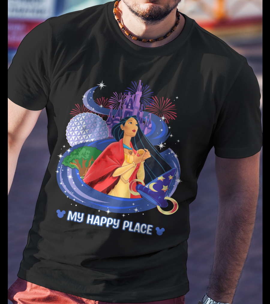 Pocahontas Disney My Happy Place Castle Fireworks Sorcerer Hat Epcot T-Shirt