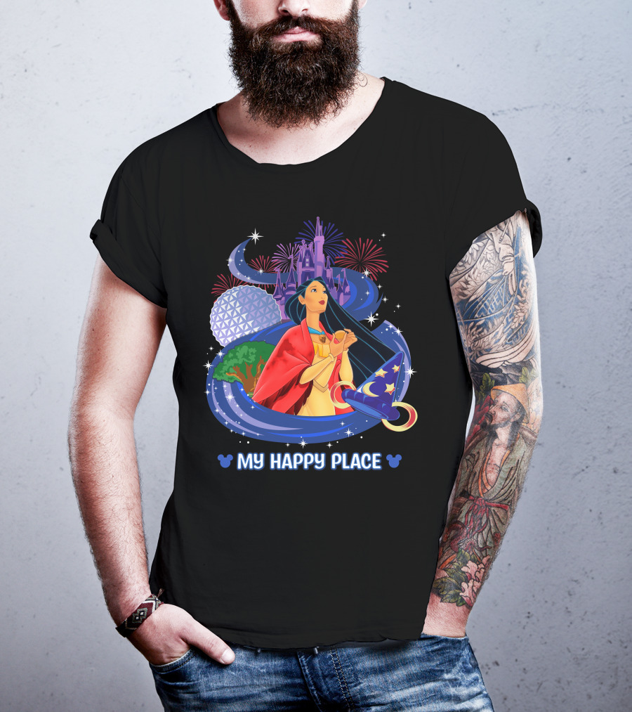 Pocahontas Disney My Happy Place Castle Fireworks Sorcerer Hat Epcot T-Shirt