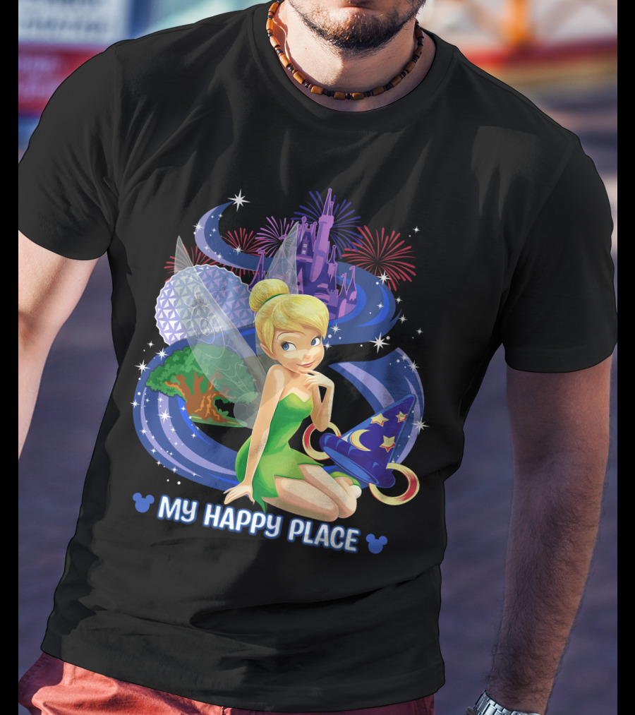 Tinker Bell My Happy Place Disney Castle Epcot Fireworks Wizard Hat T-Shirt