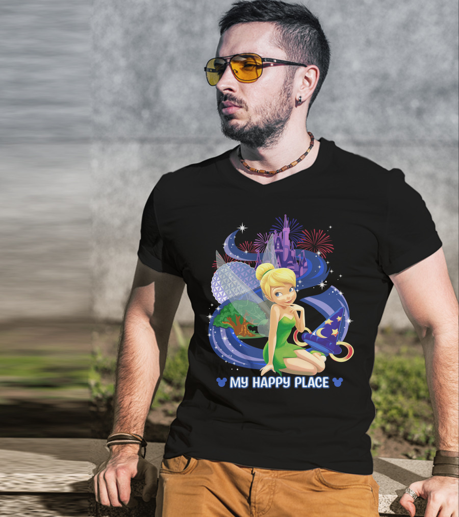Tinker Bell My Happy Place Disney Castle Epcot Fireworks Wizard Hat T-Shirt