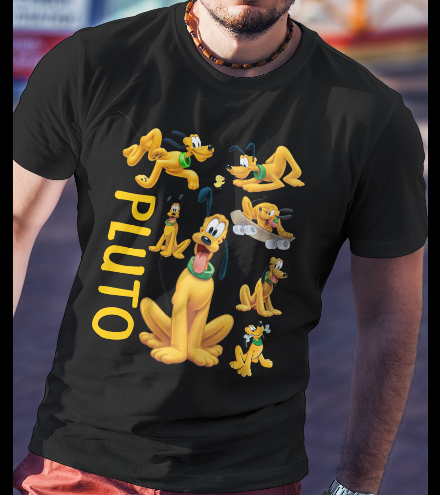 Pluto Character Poses Collection With Skateboarding And Chewy Bone T-Shirt