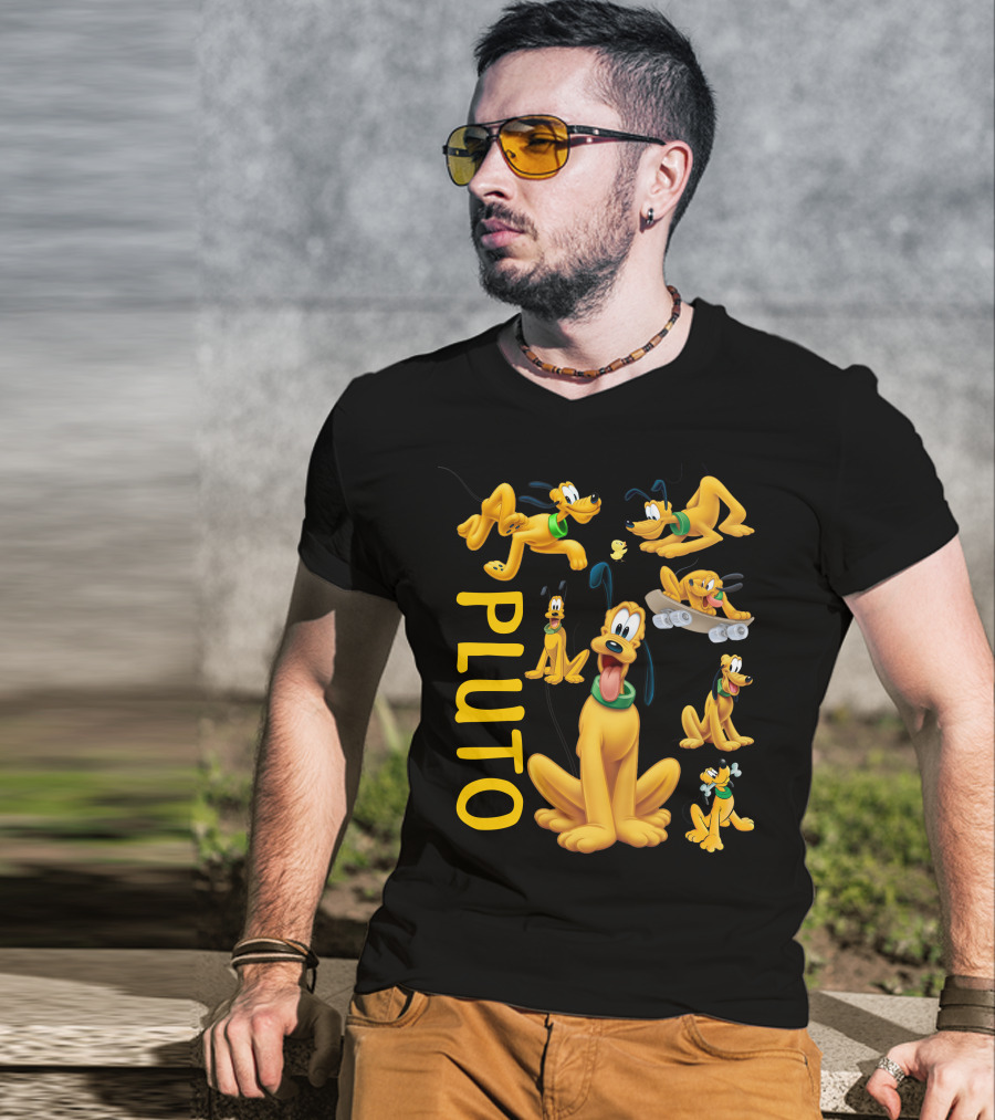 Pluto Character Poses Collection With Skateboarding And Chewy Bone T-Shirt
