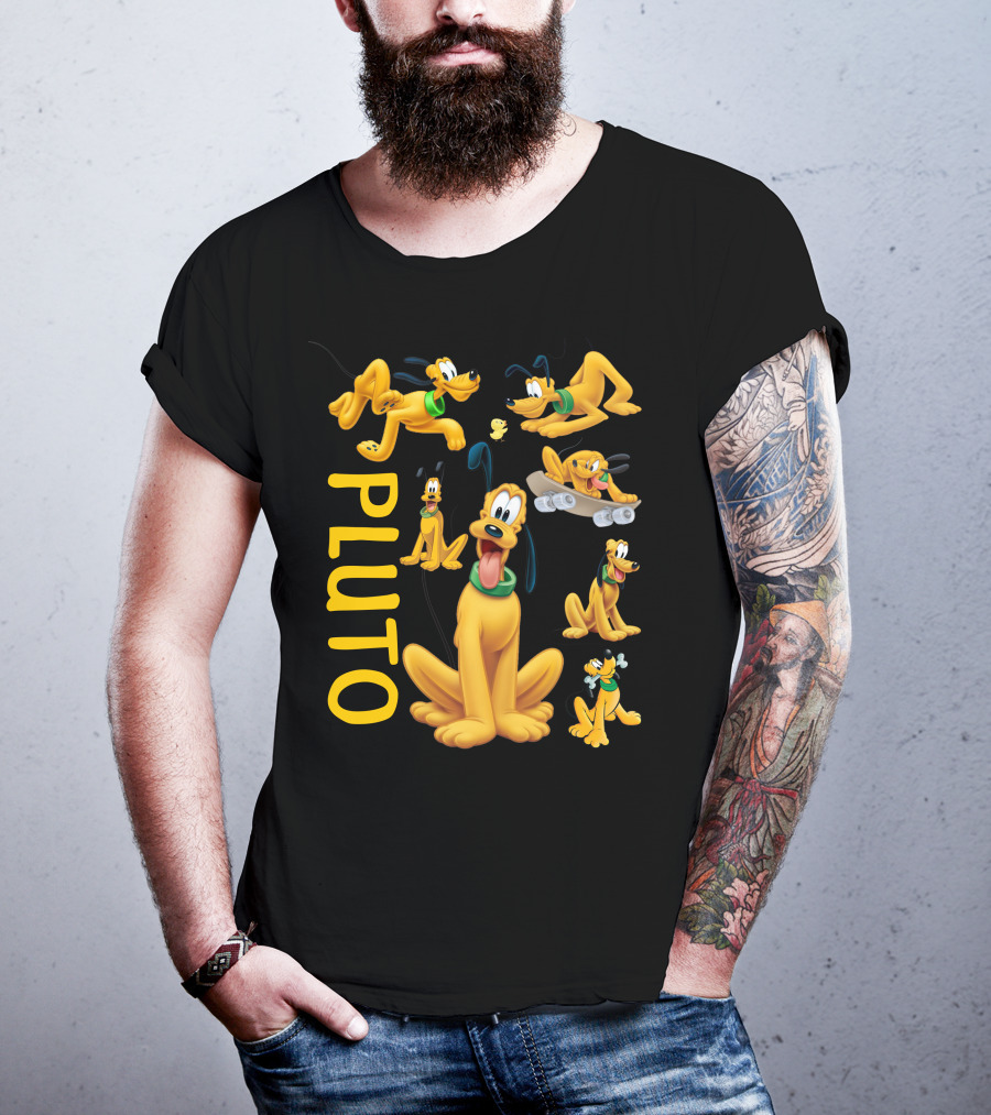 Pluto Character Poses Collection With Skateboarding And Chewy Bone T-Shirt