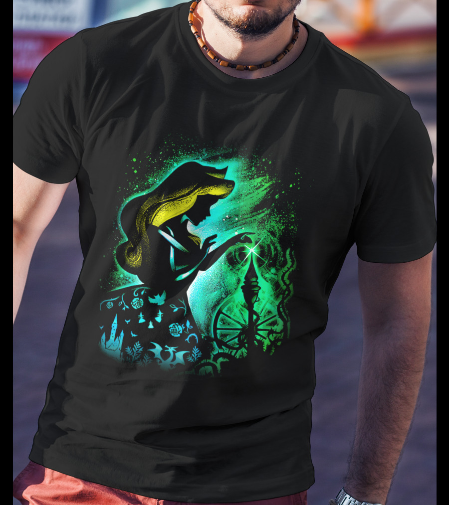 Sleeping Beauty Silhouette With Spinning Wheel And Enchanted Forest Elements T-Shirt
