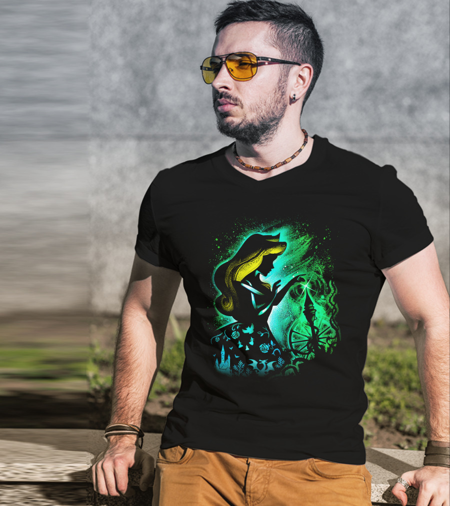 Sleeping Beauty Silhouette With Spinning Wheel And Enchanted Forest Elements T-Shirt