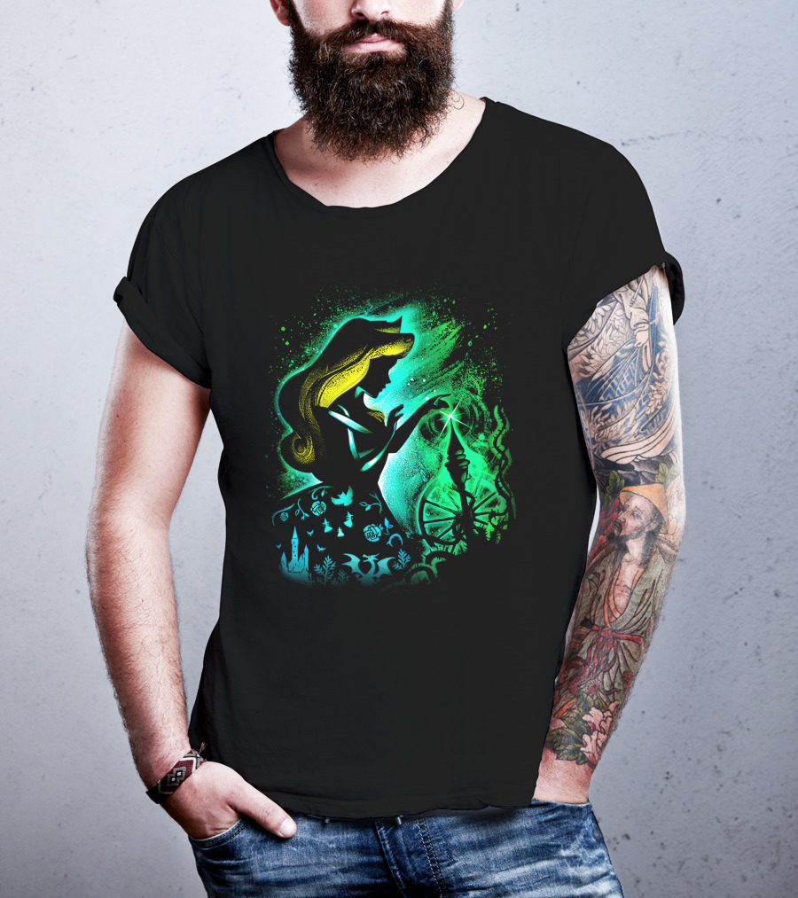 Sleeping Beauty Silhouette With Spinning Wheel And Enchanted Forest Elements T-Shirt
