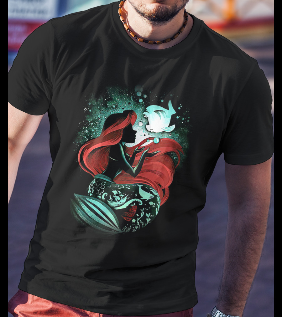Ariel Mermaid Silhouette With Fish And Red Hair T-Shirt