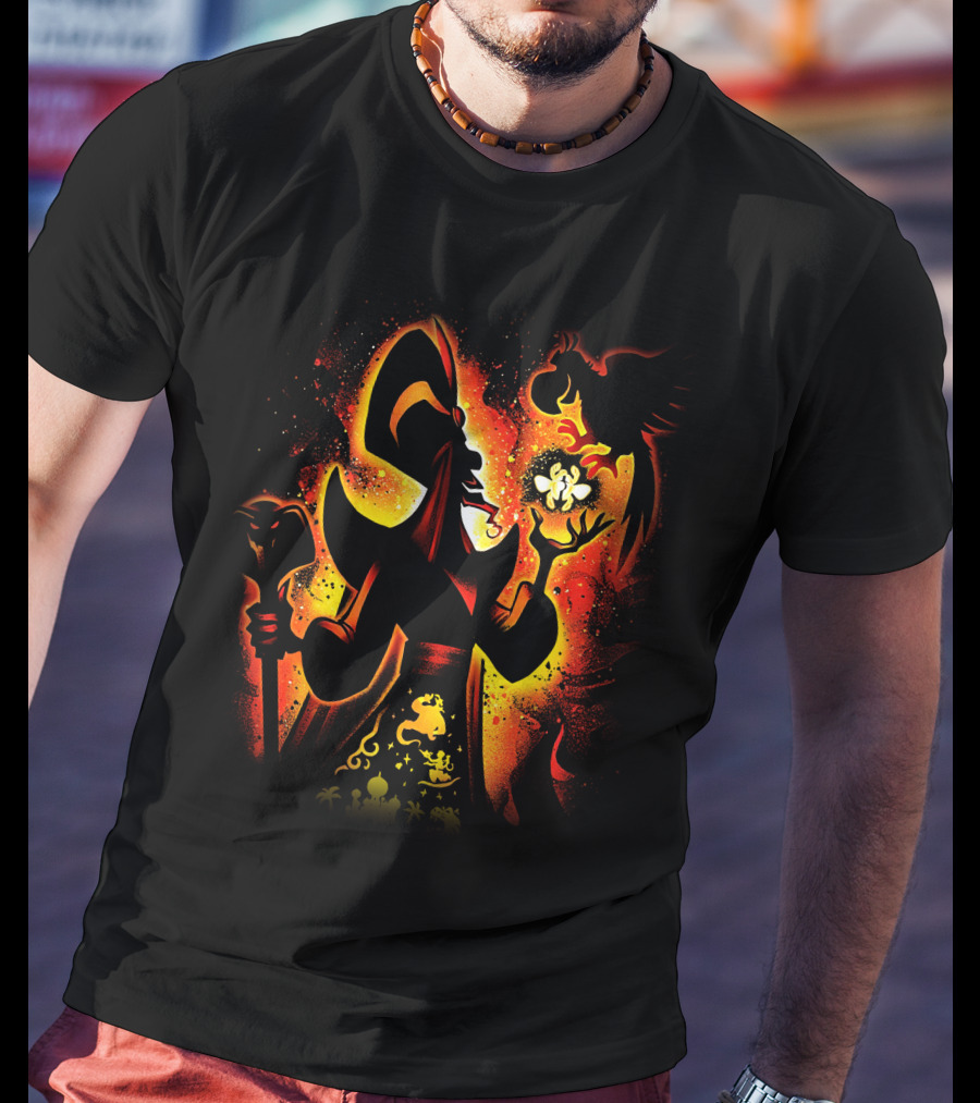 Jafar Villain Silhouette With Genie Lamp And Parrot Magic Scene T-Shirt