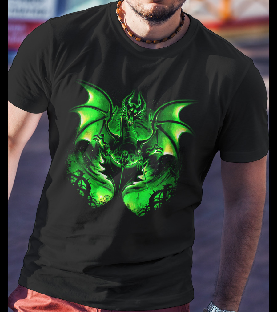 Maleficent 2 Dark Green Dragon Art Fantastical Scene Ravens Winding Thorns T-Shirt