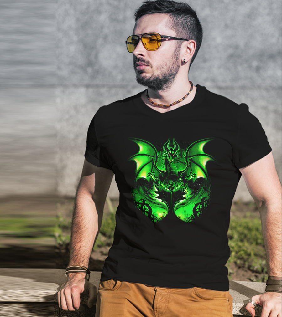 Maleficent 2 Dark Green Dragon Art Fantastical Scene Ravens Winding Thorns T-Shirt