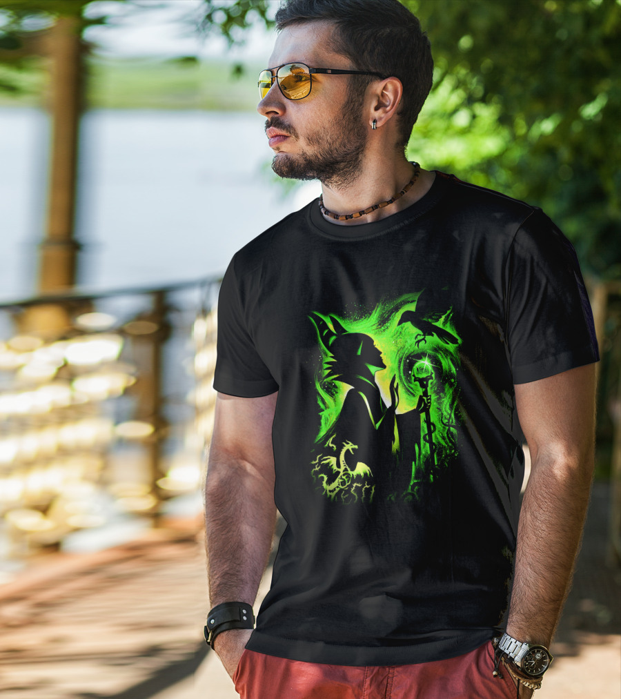 Maleficent 3 Dragon Silhouette And Green Magic Staff Scene T-Shirt