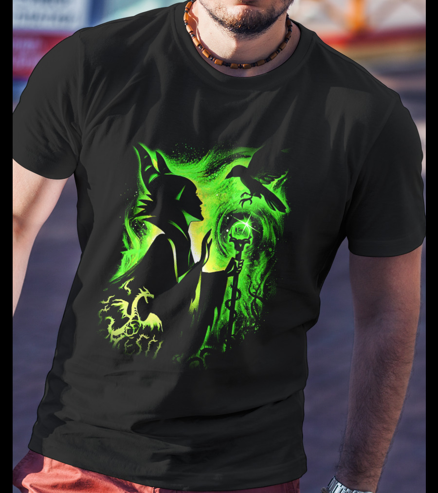 Maleficent 3 Dragon Silhouette And Green Magic Staff Scene T-Shirt