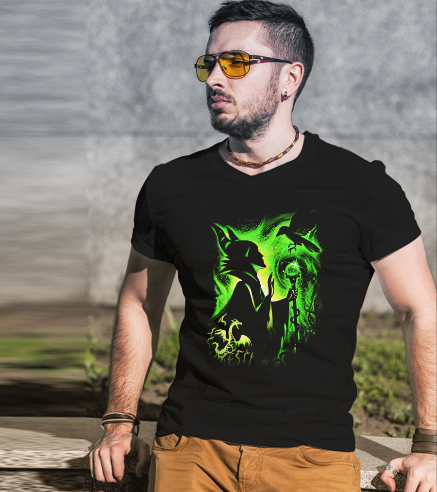 Maleficent 3 Dragon Silhouette And Green Magic Staff Scene T-Shirt