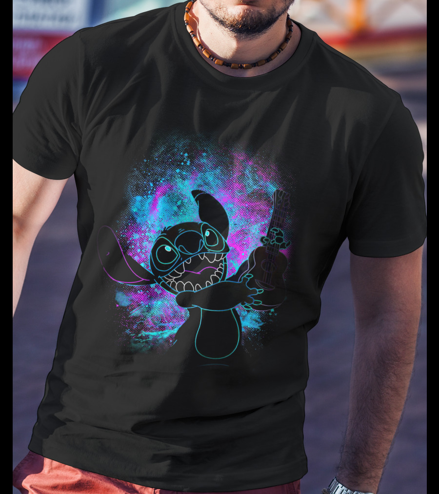 Stitch Neon Glow Playing Guitar Art T-Shirt