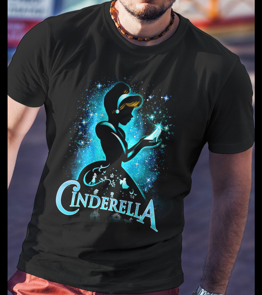 Cinderella Silhouette Holding Glass Slipper With Enchanted Blue Starry T-Shirt