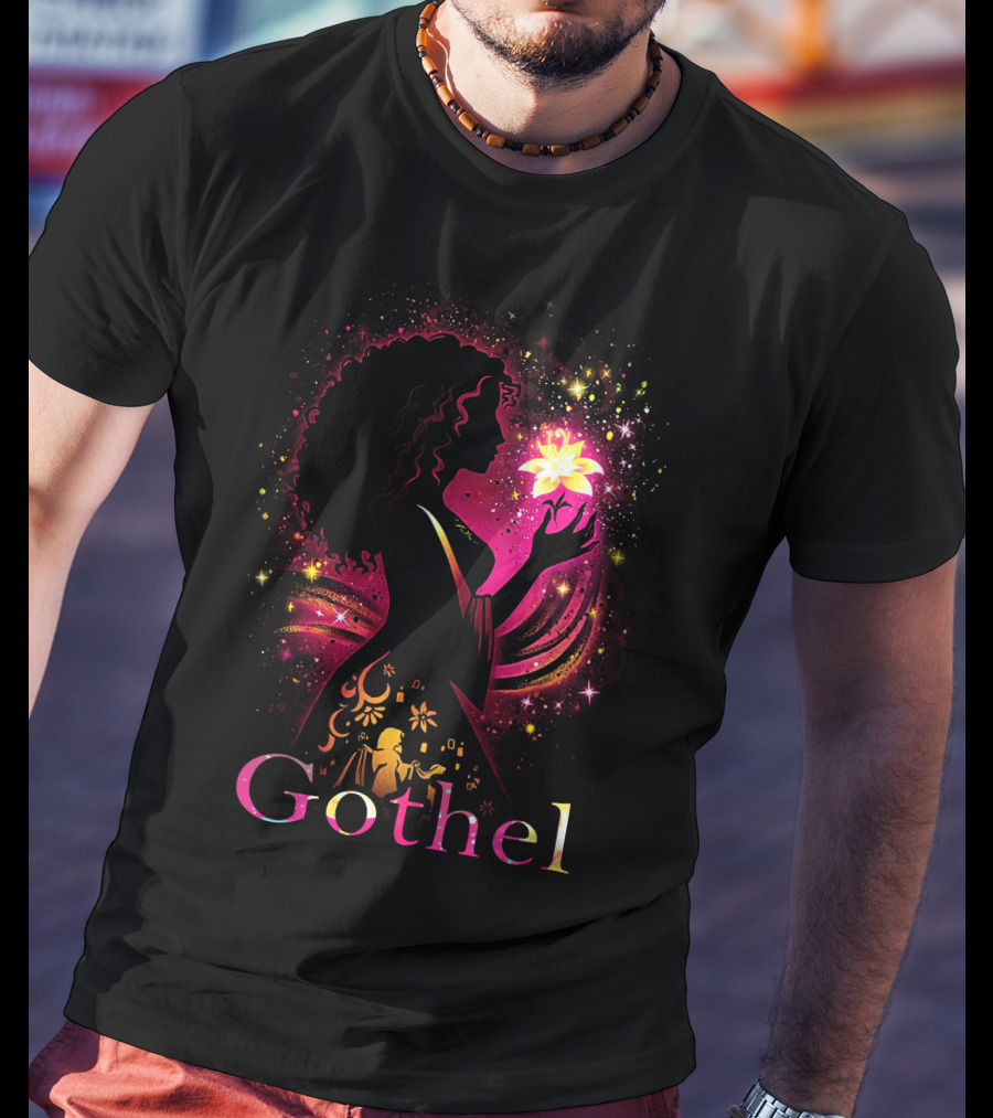 Gothel Silhouette With Glowing Flower And Cosmic Background T-Shirt