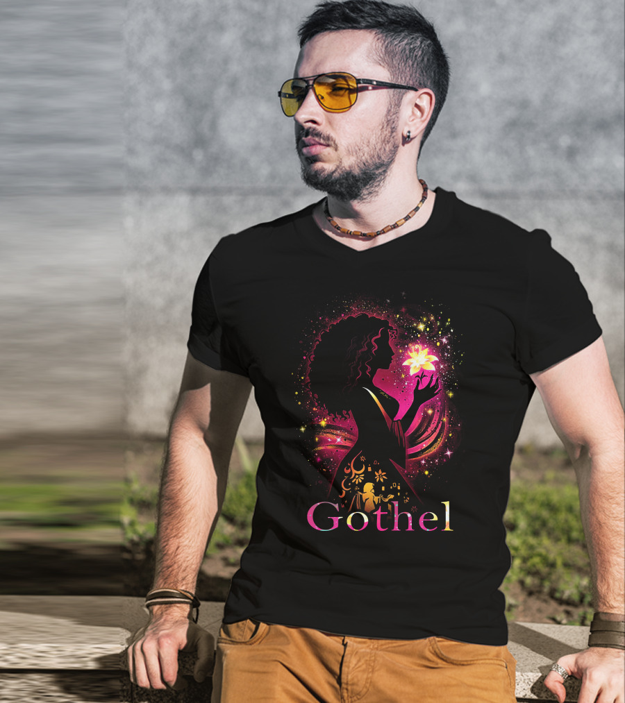 Gothel Silhouette With Glowing Flower And Cosmic Background T-Shirt