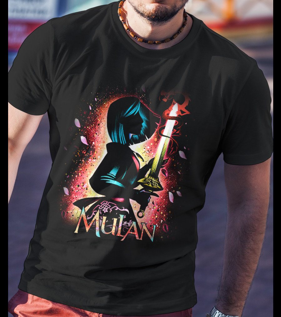 Mulan Sword Silhouette With Blossoms And Colorful T-Shirt