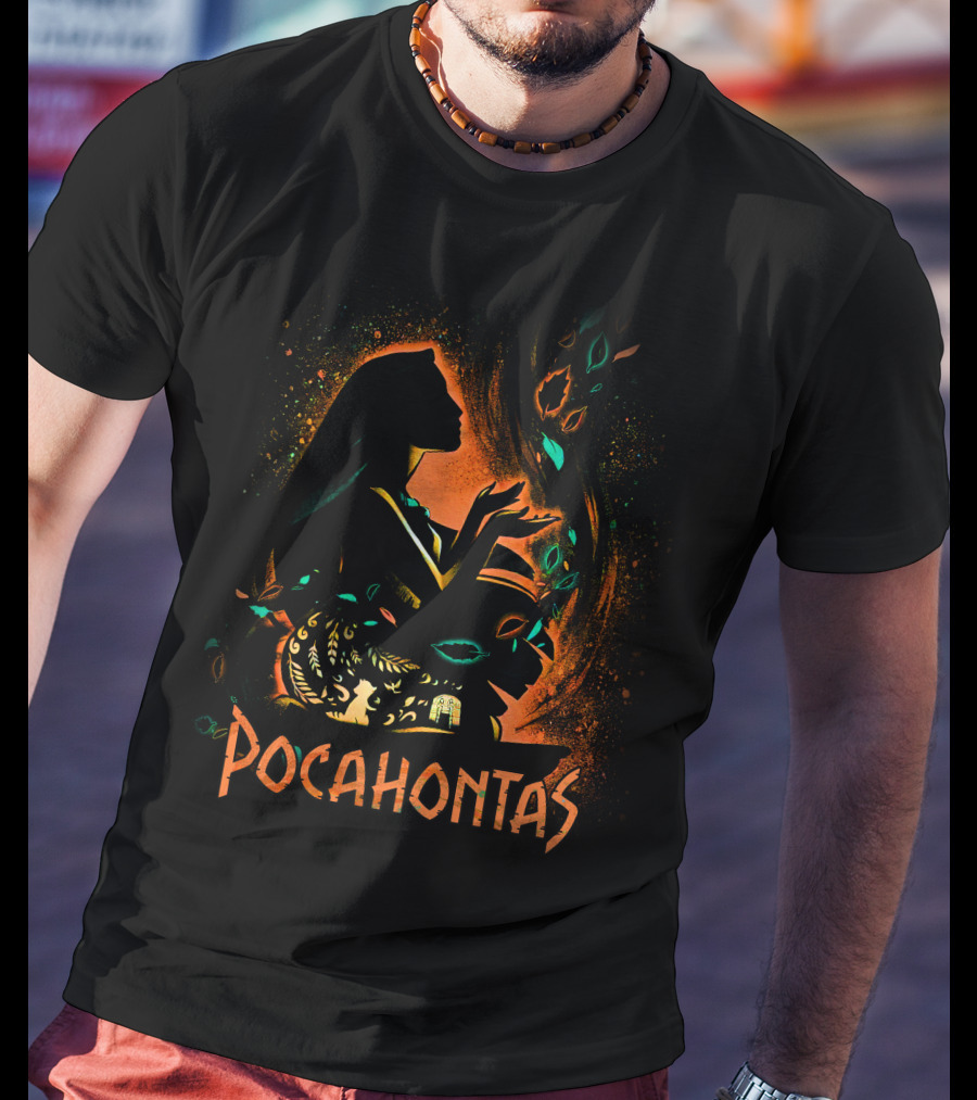 Pocahontas Silhouette With Leaves And Nature Elements T-Shirt