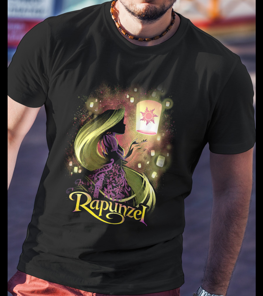 Rapunzel Lantern Silhouette With Glowing Hair And Floating Lights T-Shirt