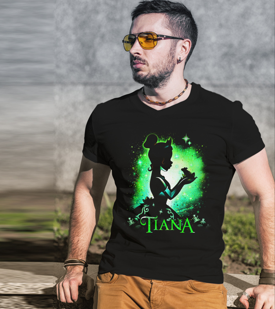 Tiana Princess Frog Silhouette Green Magic Sparkles T-Shirt