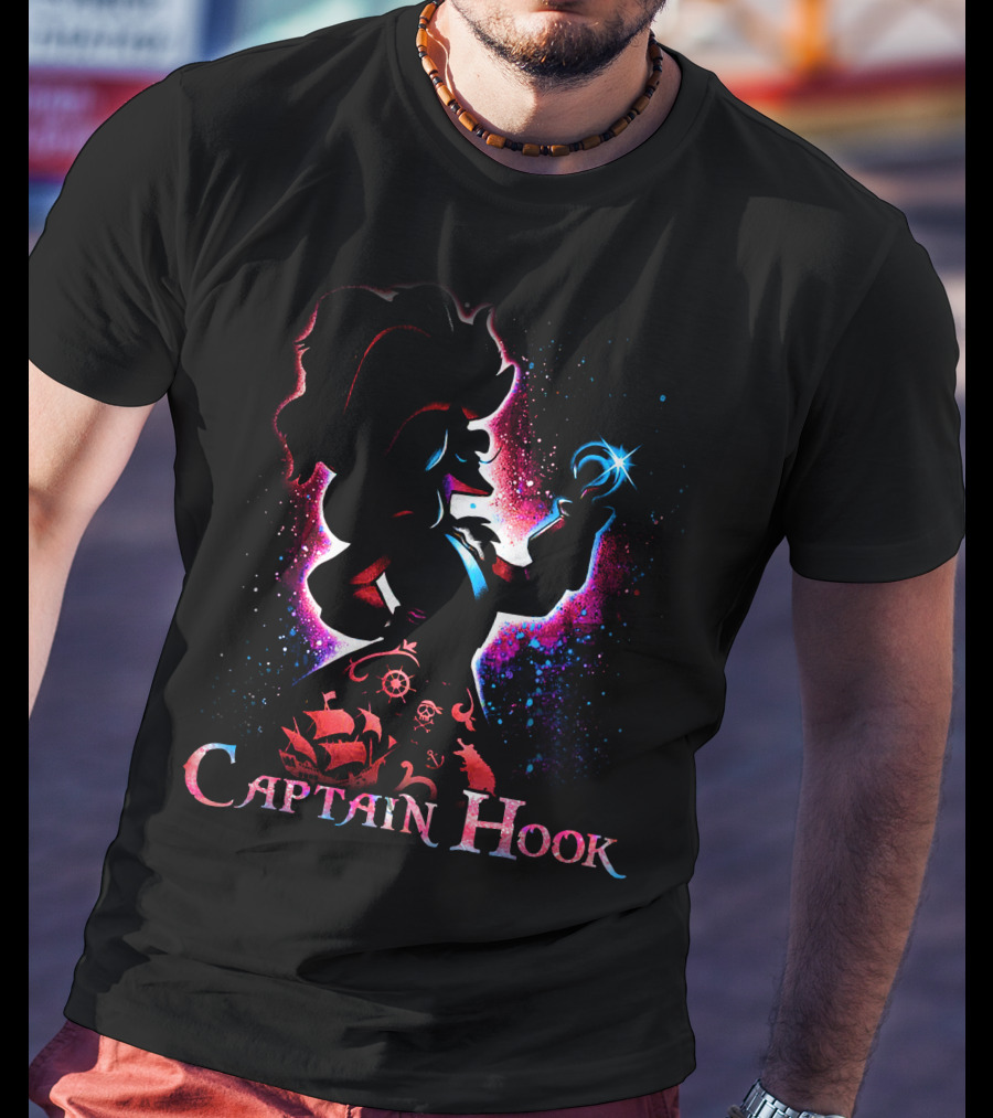 Captain Hook Silhouette With Pirate Ship And Nautical T-Shirt
