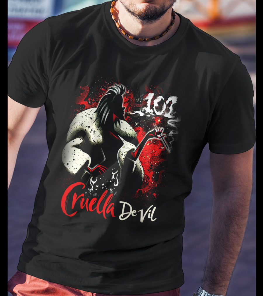 Cruella De Vil 101 Smoky Silhouette With White Fur And Red Highlights T-Shirt
