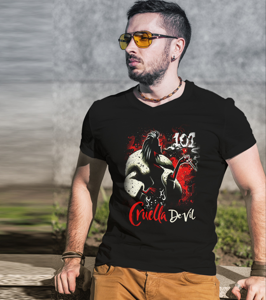Cruella De Vil 101 Smoky Silhouette With White Fur And Red Highlights T-Shirt