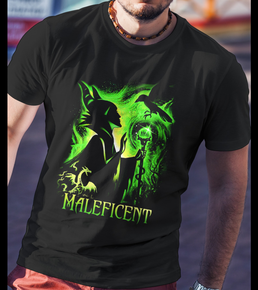 Maleficent Green Silhouette With Dragon Raven And Staff T-Shirt