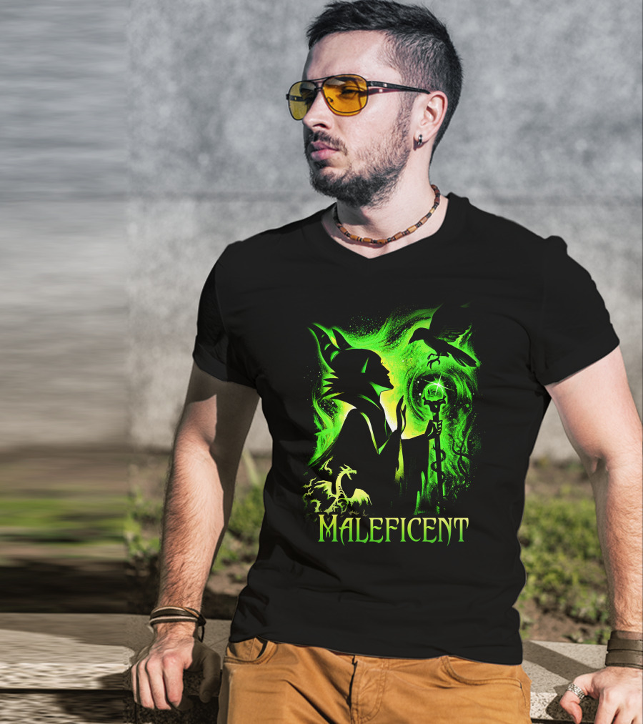 Maleficent Green Silhouette With Dragon Raven And Staff T-Shirt