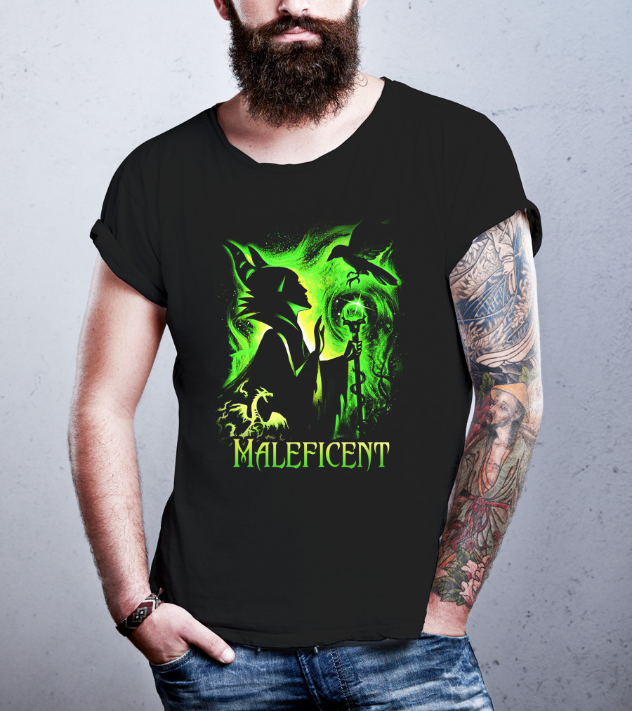 Maleficent Green Silhouette With Dragon Raven And Staff T-Shirt