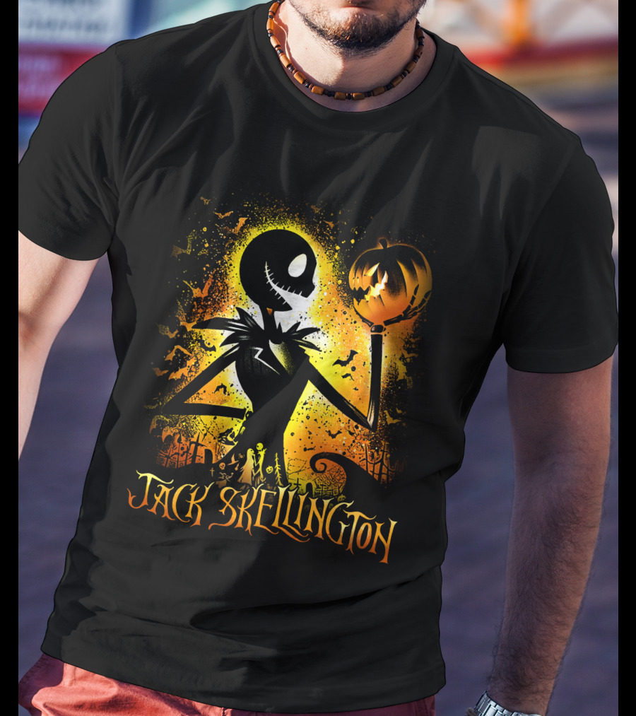 Jack Skellington Holding Pumpkin In Halloween Scene With Bats And Graveyard T-Shirt