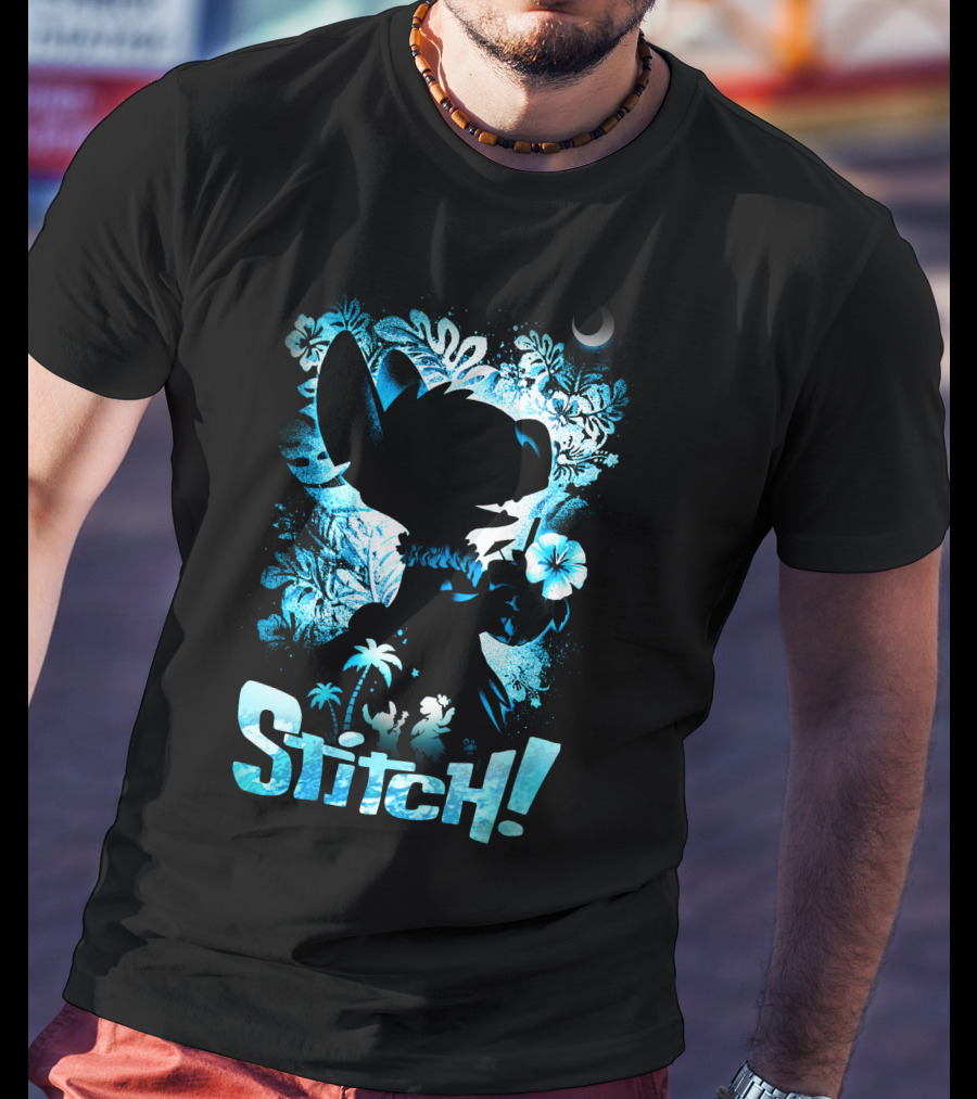 Stitch Tropical Silhouette With Palm Trees And Flowers T-Shirt