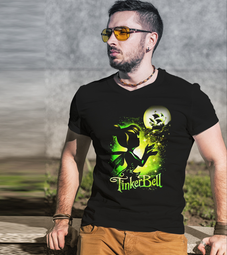Tinker Bell Silhouette With Ship And Crescent Moon Magic Glow T-Shirt