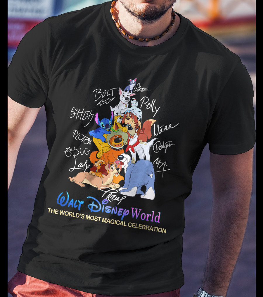 Walt Disney World Dogs Celebration Stitch Pluto Bolt Lady Tramp Nana Dodger Max Pongo Rolly T-Shirt
